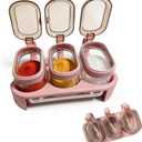 3 Pcs Pink Glass Spice Jars Set, Pink Glass Containers Spice Storage with Lids, Spoons & Handles, Seasoning Containers for Coffee Bar, Kitchen Organization