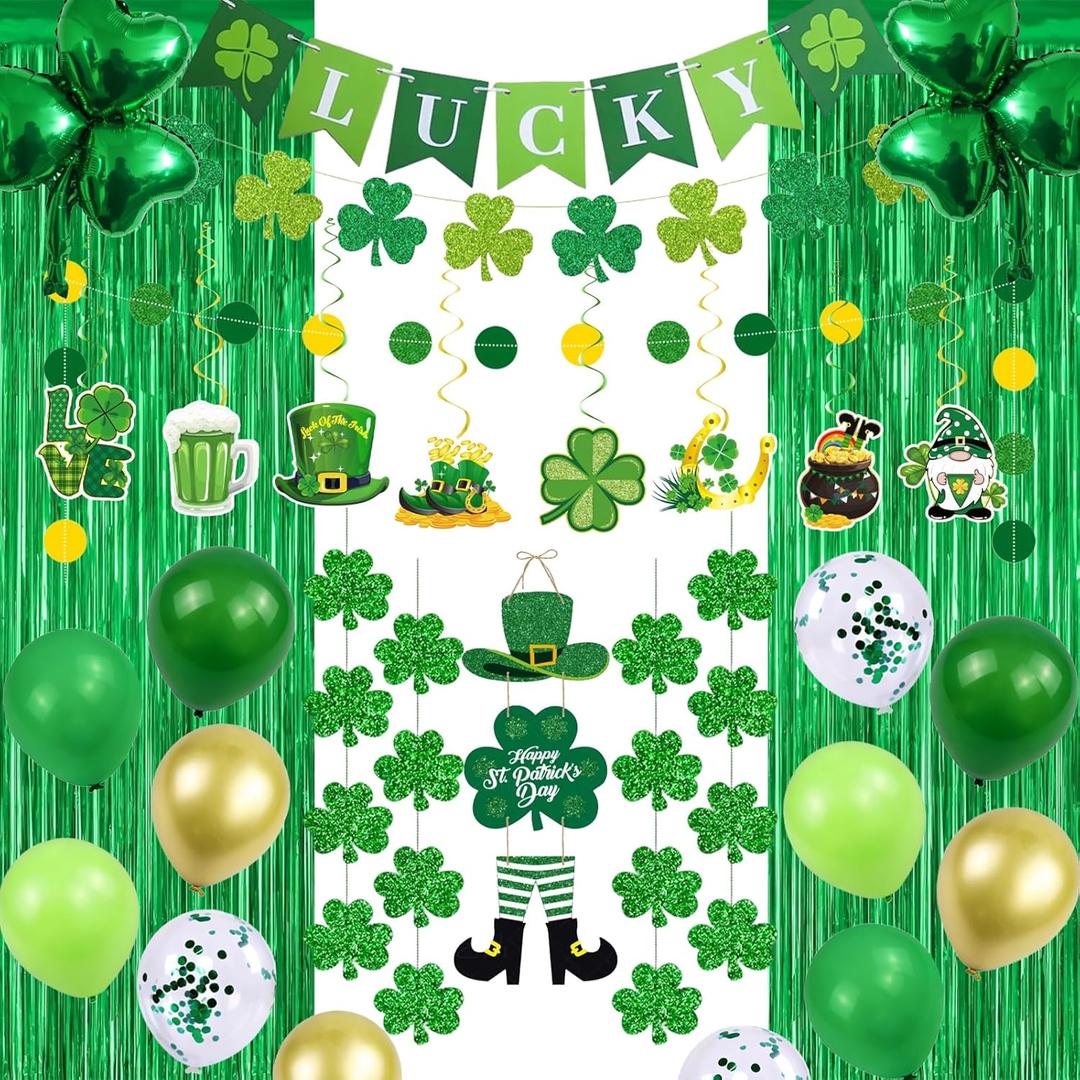 St Patrick's Day Decorations Kit,St Patricks Day Decorations Foil Fringe Curtains,Shamrock Lucky Banner,Clover Hanging Swirls,Door Hanging Ornament,Shamrock Garlands,Balloons for Home Party Supplies
