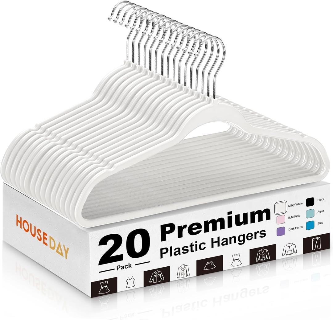 HOUSE DAY Ivory Plastic Hangers 20 Pack - Heavy Duty Non-Velvet Hangers with 360 Swivel Hook & Non Slip Notches - Slim Space Saving Clothes Hangers, Durable Closet Organizers for Coats Shirts Dresses
