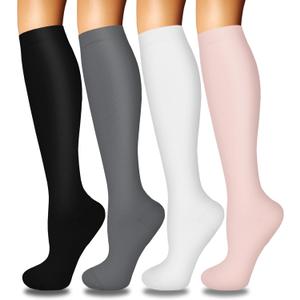 4 Pairs Compression Socks for Women Circulation-Best Support for Nurses, Running, Athletic, Travel, Hiking, Yoga, Gym, Basketball, Baseball, Football, Soccer, White, Pink Calf Sock Gifts L-XL
