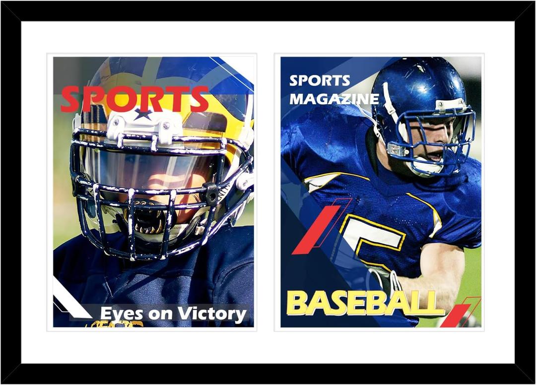 14x20 Double Sports Magazine Frame Display Two 8.5 x 11.25 or 8.25 x 11 Magazines with 2 Sizes Mat, or 14x20 Photos without Mat, Magazine Display Frame with Plexiglass for Wall Hanging, Black