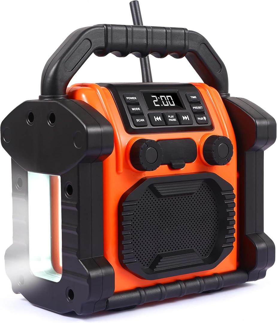 Jobsite Radio Bluetooth Speaker, 30W IPX 66 Waterproof FM Clock Radio Portable with LED Lights, Anticollision FM Radios for Constrution Site/Outdoor/Fishing/Party/CampingOrange