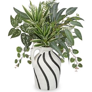 Artificial Greenery Arrangement with Cement Vase, Fake Potted Plants in Rustic Jug Planter, Faux Leaf Bouquet for Table Centerpiece, Farmhouse Home Decor, Dining Room, Living Room, Shelf Decoration