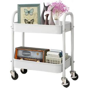2 Tier All-Metal Rolling Cart, Rolling Storage Cart with Handle and Locking Wheels Kitchen Cart Laundry Office Bathroom Storage Organizer Cart, White