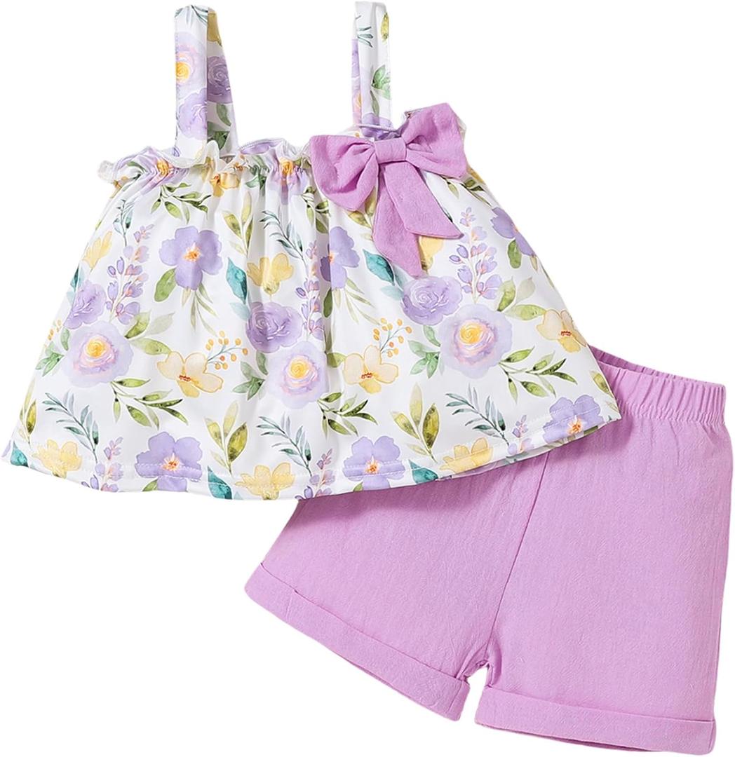Infant Baby Girl Clothe Toddler Outfit Tank Tops Ruffle Sleeveless Shirt Linen Shorts Cute Two Piece Outfit Summer (18-24 Months, Purple)