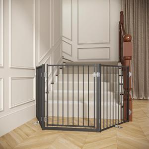 No Pawblems Freeor, Up to 78 Inch Extra Wide Puppy Gate for Stairs,  Standing Dog Gate with Door, 30'' Tall Foldable Dog Fence for Indoor & OutdoHallways, Doorways, Deck, Yard (Black, 3 Panels)