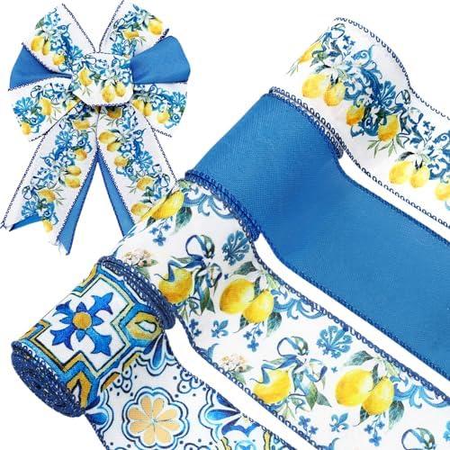 Whaline Lemon Wired Edge Ribbon 2.5 Inch Blue Tile Lemon Fabric Craft Ribbon for Spring Summer Baby Shower Birthday Gift Wrapping Wreath Bow DIY Crafts, 4 Roll, 24 Yards