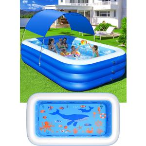 Inflatable Pool with Canopy, Upgraded Inflatable Swimming Pool for Kids, Adult, Large Inflatable Blow up Pools, Ocean Theme Oversized Thickened 100"x63"x22"Inflatable Family Pools for Backyard-Blue