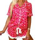 GUEMONG Women 2 Pieces Floral Bow Valentine's Day Pajama Sets Button-Down Short Sleeve Ruffle Cute Sleepwear (US, Alpha, XX-Large, Regular, Regular, Red-3) (XXL)