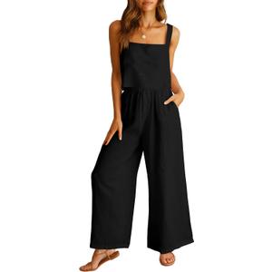 ANRABESS Women's 2 Piece Outfits Linen Pants Jumpsuit Matching Lounge Set Casual Summer Beach Vacation Trendy Clothes (Medium, Black)