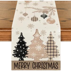 Artoid Mode Brown Pine Trees Snowflake Merry Christmas Table Runner, Winter Xmas Holiday Kitchen Dining Table Decoration for Home Party Decor 13x72 Inch