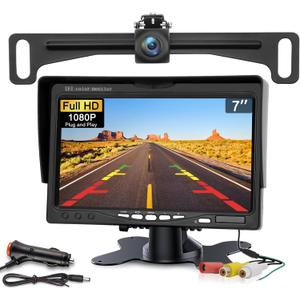 Kairiyard License Plate Backup Camera with 7 Inch Monitor, HD 1080P Reverse Camera Waterproof DIY Grid Lines No-Delay Wired Rear View Camera System for Truck Car SUV