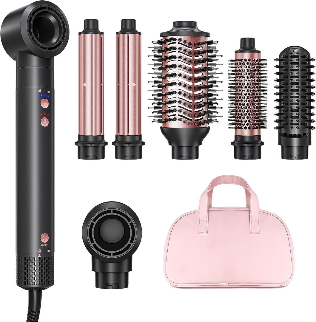 6-in-1 Hot Air Styler Wrap, High-Speed Hair Dryer Brush Blow Dryer with 2 Auto Wrap Curlers for Curling, Straightening, Volumizing, Fast Drying & Frizz-Free Styling for All Hair Types