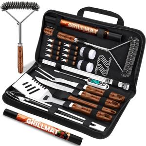 31pcs BBQ Grill Accessories Set for Men Dad, Heavy Duty Grilling Tools Gifts for Fathers Day, Stainless Steel BBQ Utensils Kit with Mats, Grill Brush in Carrying Bag Brown (Brown)