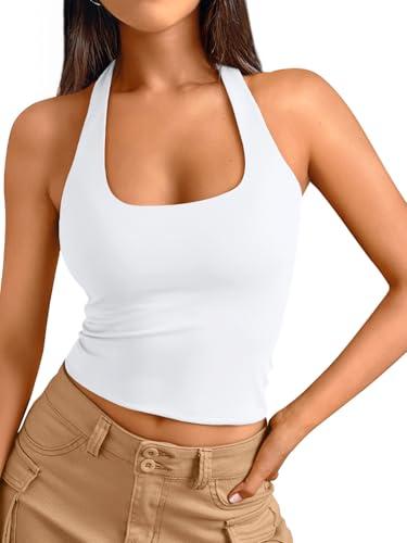 Trendy Queen Halter Tops for Women 2026 Spring Fashion Summer Going Out Tops Backless Crop Sleeveless Workout Shirts Beach Vacation Outfits Casual Cute Y2k Clothes White M