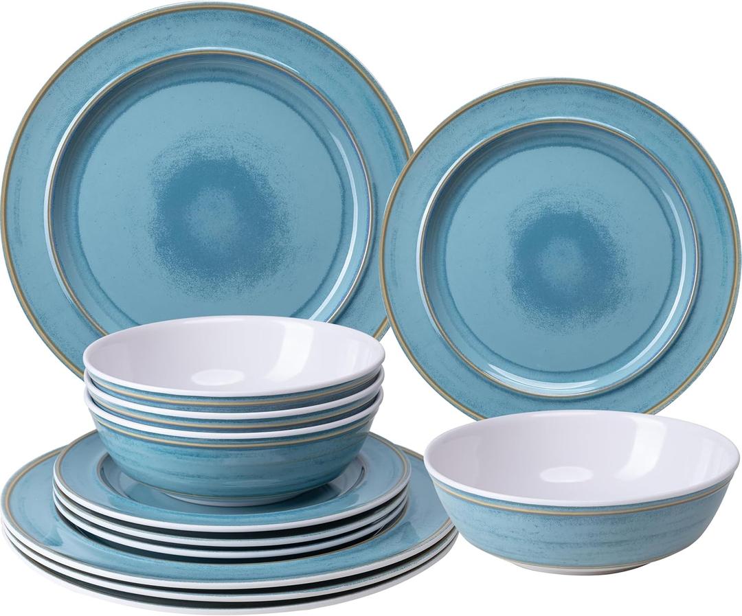 12 Piece Melamine Dinnerware Sets, Dinner Dishes Set, Plates and Bowls Sets, Service for 4, Indoor and Outdoor Use, Lightweight Unbreakable,Dishwasher Safe