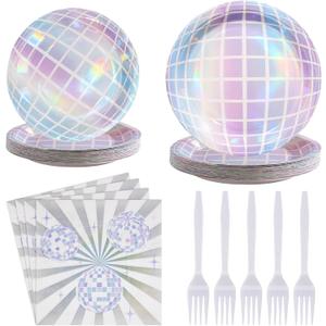 Grencian 96Pcs Disco Party Decorations Disco Ball Plates and Napkins Disposable Paper Tableware Set for 70s Wedding Birthday Baby Shower Anniversary Party Supplies, Serves 24