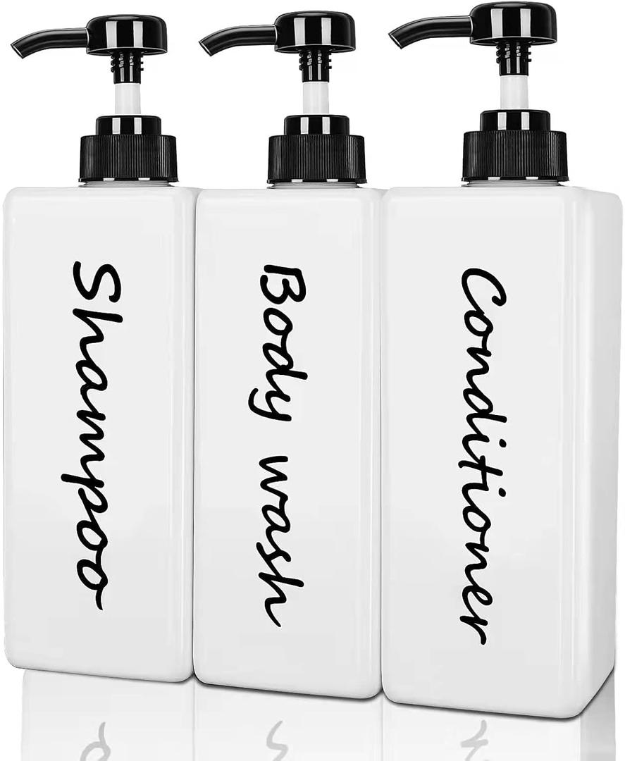 Shampoo and Conditioner Dispenser (Set of 3, 21oz) Modern Refillable Shampoo Pump Bottles for Shower Soap - Empty Body Wash Dispenser Set for Bathroom (Black)