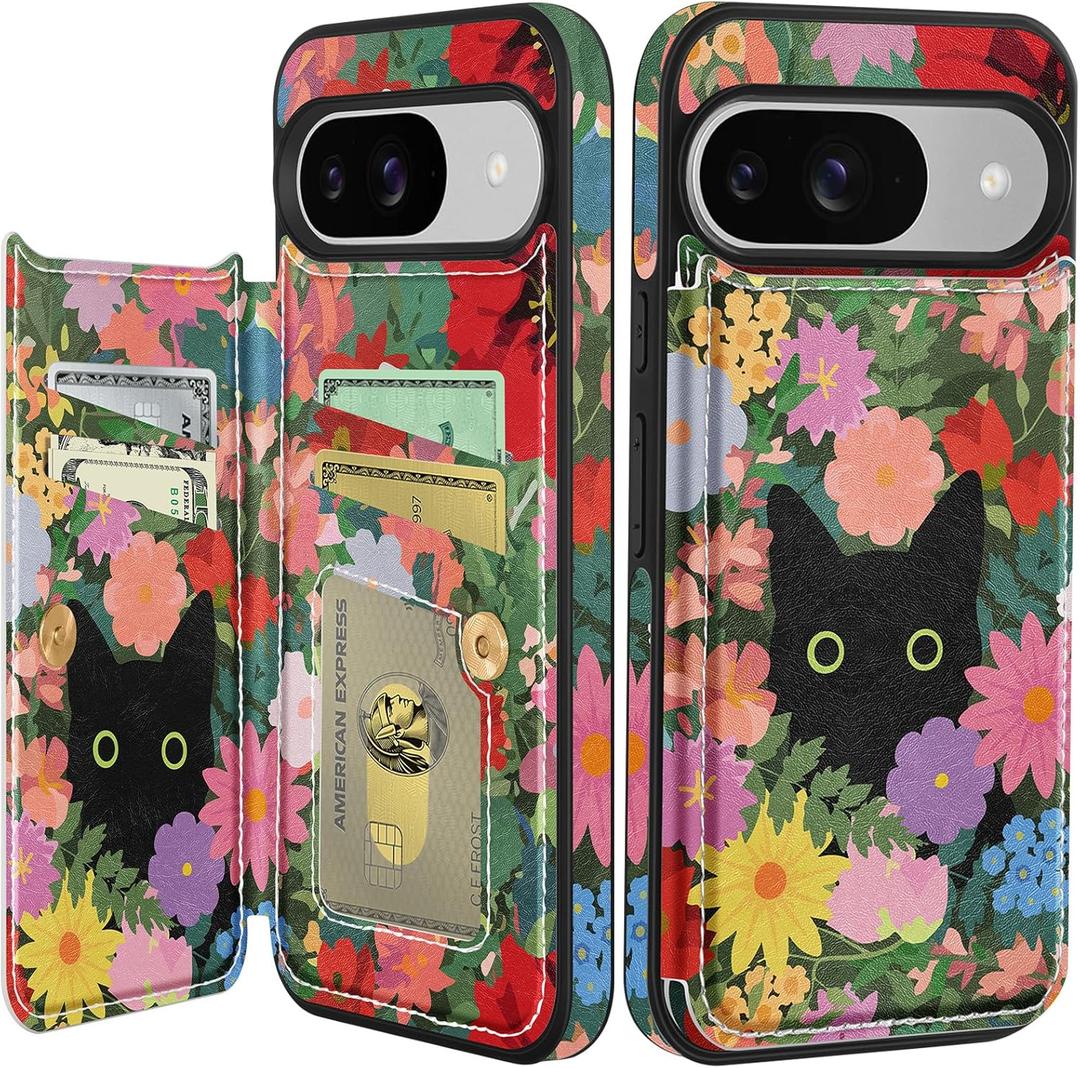 Shorogyt for Google Pixel 9/for Pixel 9 Pro Wallet Case With Card Holder - Flower Cat Design Kickstand for Magnetic Clasp Back Flip Folio Leather Phone Cases for Pixel 9/9 Pro Case for Women Girls Men