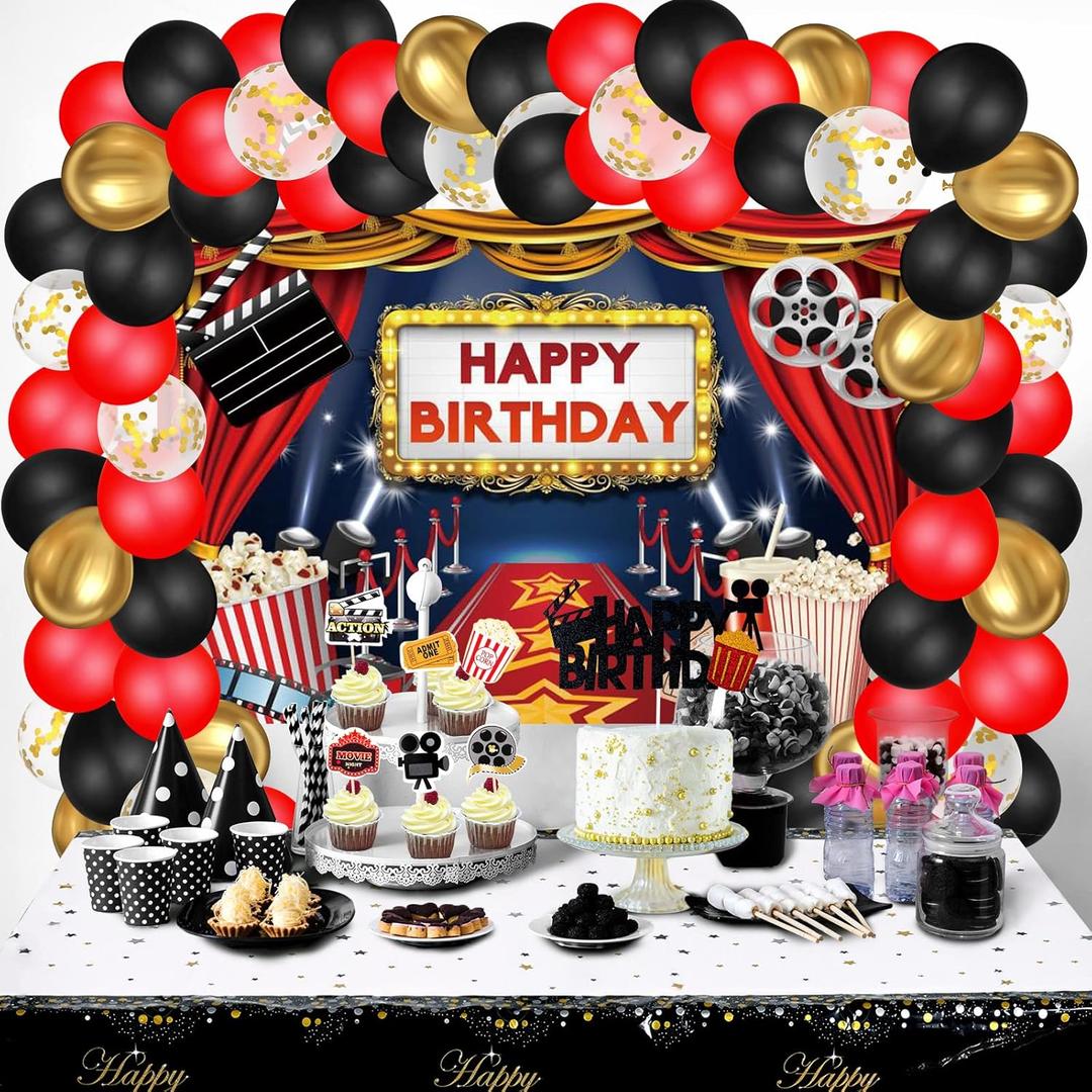 Skylety 86 Pcs Movie Night Party Decorations, Include Large Backdrop Colorful Balloons Table Cover Cake Topper for Movie Night Birthday Home Film Party Supplies