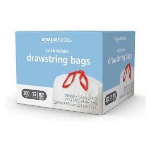 Basics Tall Kitchen Drawstring Trash Bags, Sturdy, 13 Gallon, Unscented, 200 Count