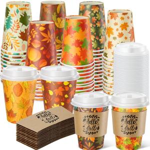 Mimorou 60 Pcs Thanksgiving Fall Cups 12oz Coffee Cups with Lids and Sleeves Disposable Maple Leaves Paper Drinking Mugs for Harvest Autumn Party Supplies