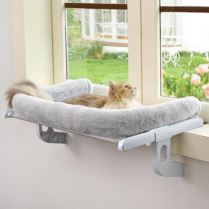 Zoratoo Cat Window Sill Perch with Large Bolster, Easy to Adjust & Assemble Cat Window Seat for Windowsill & Bedside, Pet Hammock Bed for Large Cats and Kittens (Grey, M)