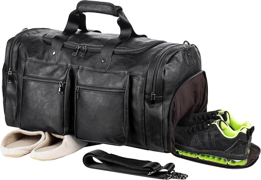 Travel Bag with Shoe Pouch,Weekender Overnight Bag Leather Large Carry On Bag (Black)