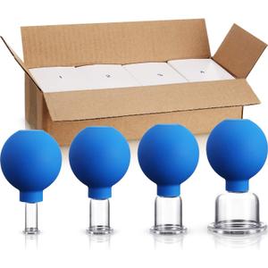 4 Pieces Glass Cupping Set Glass Silicone Cupping Cups Massage Vacuum Suction Cupping Cups for Body Face Leg Arm Back Shoulder Muscle and Joint Pain (Blue)