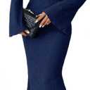 Narecte Fall Dresses for Women 2025 Maxi Dresses Solid Color Boho Dress Flare Sleeve Bodycon Dress (Medium, Navy Blue)