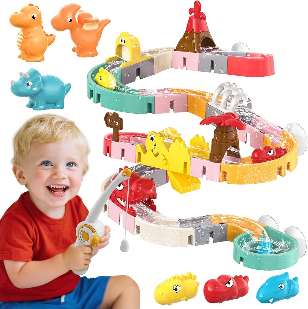 Dinosaur Bath Toys with Track & Fishing Rod  47PCS Wall Suction Slide Playset for Toddlers, DIY Water Race Track with 6 Dino Toys, Bathtub Fun Gift for Kids Boys Girls Age 3+