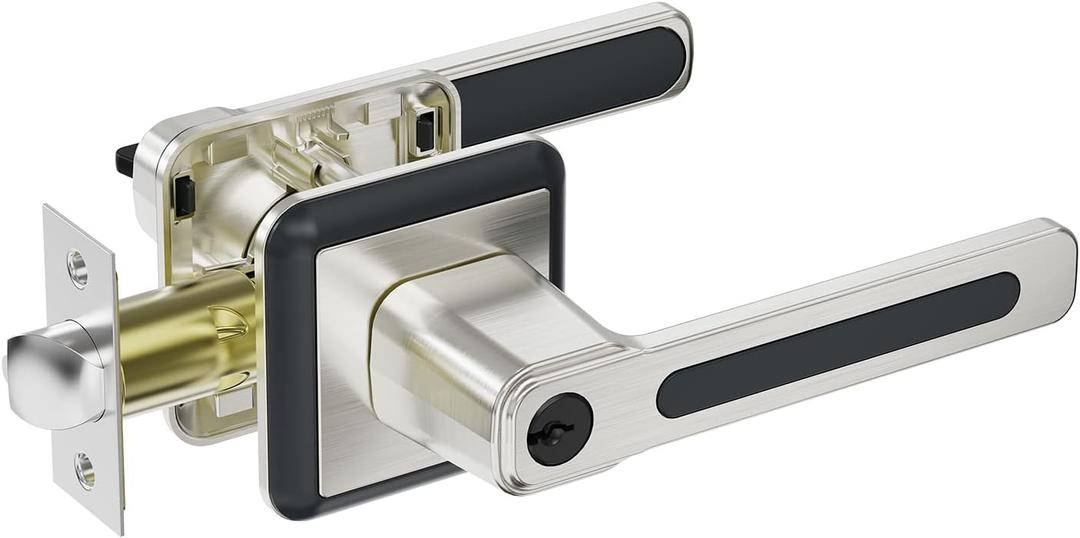 BAOLONG Door Handle Locking Lever with Modern Contemporary Square Design,Front Door Lock Entry Lever with Lock for Exterior or Interior Door Satin Nickel Keyed Lock.