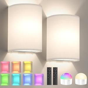 Battery Operated Wall Sconce Set of Two: 10000mAh Wireless Wall Light with Rechargeable Magnetic Bulb - Dimmable Wall Lamp with 7 RGB Colors - Linen Shade Sconces with Remote for Bedroom Living Room