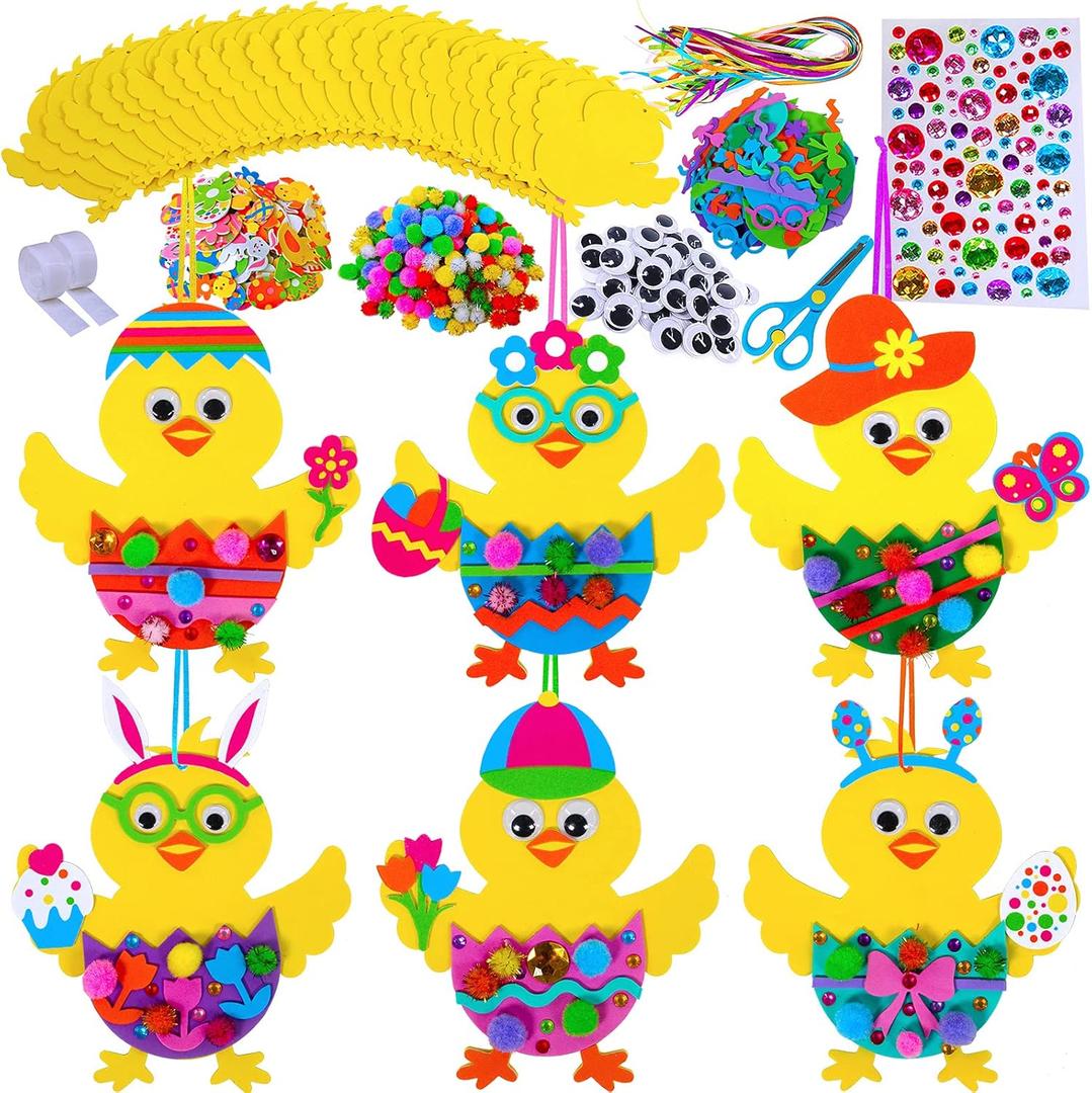 Winlyn 24 Sets Easter Decorations DIY 3D Chick Hatching from Egg Ornaments Easter Craft Kits Foam Easter Stickers Pom-poms Googly Eyes for Kids Party Favors Spring Classroom Activity Art Project