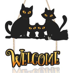 Halloween Door Decor Cats,Black Cats Sign,Halloween Welcome Door Hanger,Haunted House Witch Broom Black Cat Wall Decor for Porch Yard Home Outdoor Indoor Party Nursery Office Kids Room