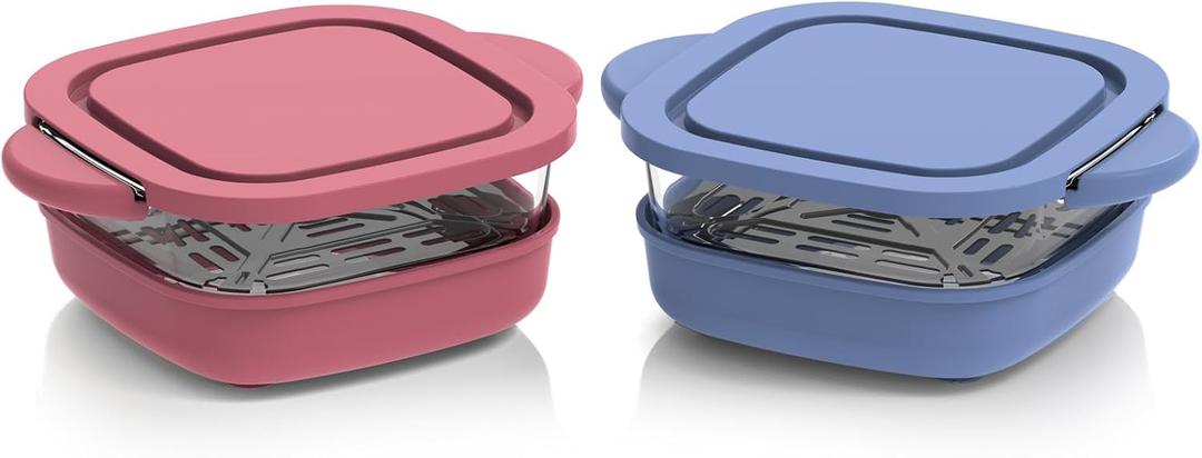 6 Cup 2 Pack Tempered Glass Food Container with Leak-Proof Storage Lid, Ninja Crispi Containers Compatible with Ninja Crispi 4-in-1 Air Fryer, Microwave, Freezer, Dishwasher Safe