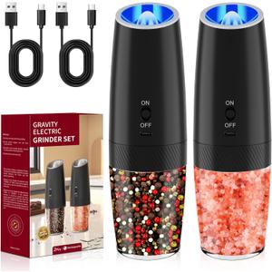 USB Rechargeable Electric Pepper Mill, Salt and Pepper Shakers, Gravity Sensing, Washable Container 135 ml, Blue LED Light and Adjustable Coarseness (2PCS)