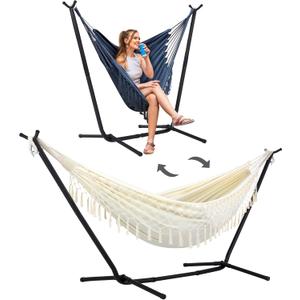 SUNCREAT 2-in-1 Convertible Portable Double Hammock with Stand Included, Outdoor Hammock and Stand, Patent Pending, Natural Tassel