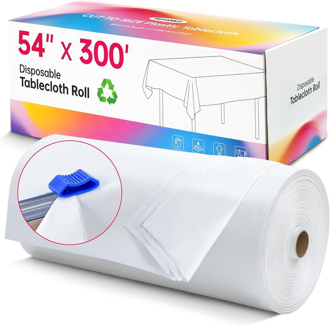 Plastic Table Cloth Disposable, 54In X 300Ft White Table Cover Roll, Disposable Tablecloth with Slide Cutter for Rectangle Round Tables, Party Tablecloths for Birthday, Wedding, Picnic, Outdoor