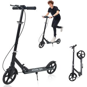 Dual-Brake Shock-Absorbing Kick Scooter, Anti-Skid PU Wheels, 4 Height-Adjustable Positions, Wider Pedals, Suitable for Children Over 6 Years Old, Teenagers & Adults (Black)