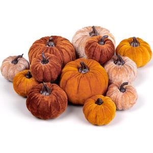 Whaline 12Pcs Fall Faux Velvet Pumpkins Thanksgiving Harvest Artificial Fake Pumpkin Rustic Assorted Sizes Orange Brown Khaki Small Foam Pumpkins for Fall Wedding Party Home Table Decor