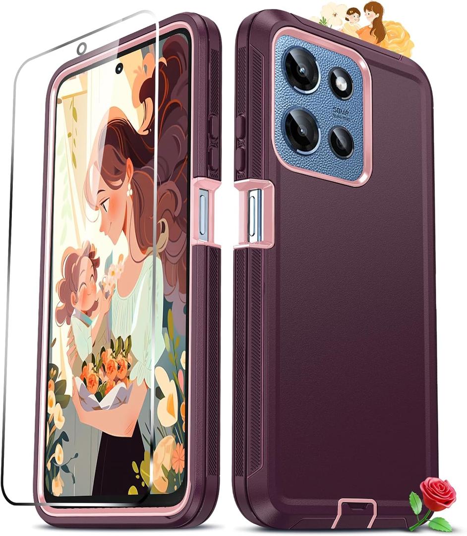 LeYi for Motorola Moto-G-2025 Case: [NOT FIT G Power] Tempered Glass Screen Protector, Heavy Duty 3 in 1 Rugged Cover, Military Grade Shockproof Android Phone Case for Moto G 2025, Wine RedPink