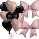 10pcs Pink Black Bow & Heart Balloons, Pink and Black Heart Shaped Bow Balloons Coquette Bridal Birthday Party Valentines Decor Decorations Supplies