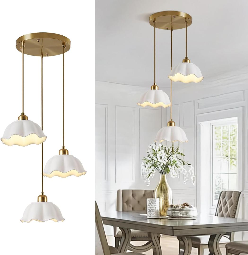 3 Light Pendant Light Minimalist Style Ceiling Hanging Lamp Retro White Wave Ceramic Lampshade Brass Finish Ceiling Light for Kitchen Island Bedroom Bedside, 7in 3-Light