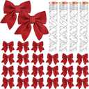 23pcs 5.5'' Mini Christmas Bow Decorations and 4 Rolls Sheer Glitter Ribbon, Sequin Wreaths and Organza for Christmas Tree Ornaments Gift Wrapping (Red Bow and Silver Ribbon)