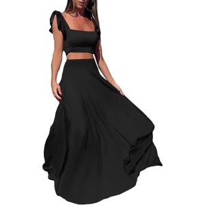 Vakkest Womens Summer Sexy 2 Pieces Outfits Ruffle Floral Tank Top Wrap Boho Tropical Long Skirt Set Clubwear Dresses (Medium, Solid Black)