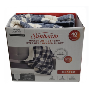 Sunbeam Microplush Sherpa Electric Heated Throw Blanket-Black/White Plaid 60×70"