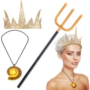 Nosiny 3 Pcs Halloween Octopus Costumes Accessories Set for Women Glitter Golden Crown and Witch Trident and Mermaid Luminous Pendant Necklace for Cosplay