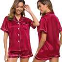 SWOMOG Womens Silk Satin Pajamas Set Short Sleeve Sleepwear Button Down Top and Shorts Loungewear 2 Piece Pjs Set small