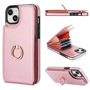 Folosu Compatible with iPhone 15 Plus Case Wallet with Card Holder, 360°Rotation Finger Ring Holder Kickstand, RFID Blocking Leather Protective Double Buttons Shockproof Cover 6.7 Inch Rose Gold